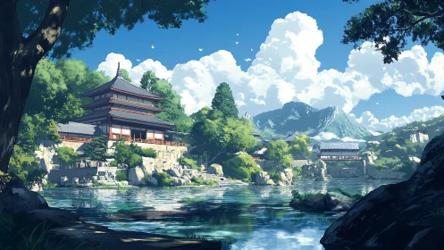 Serene riverside temple nestles beneath bright summer skies