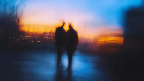 Silhouetted figures dissolving into a neon dusk horizon.