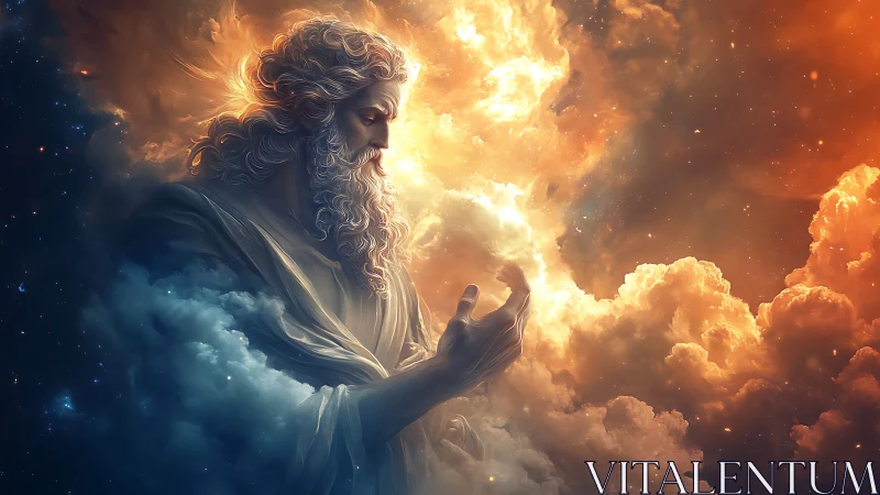 Divine robed figure framed by glowing cosmic clouds.