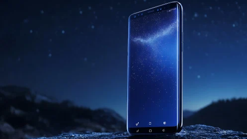 Star-drenched smartphone rising beneath a midnight cosmos.