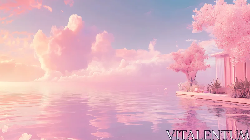 Pastel lakeside pavilion in ethereal pink atmospheric light.