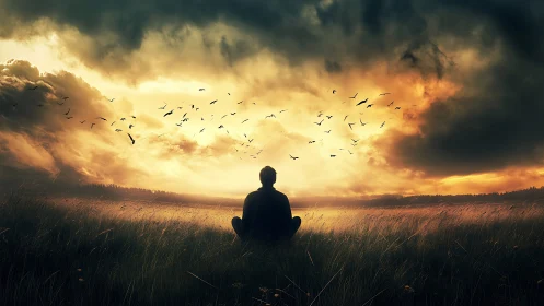 Solitary figure watches stormlit sky ignite with soaring birds.