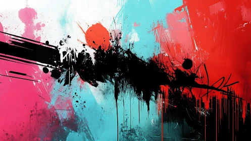 Bold abstract splatter art with cyan, red and pink fields.
