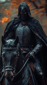 Shadowforged rider quietly patrols the ember-tinted forest