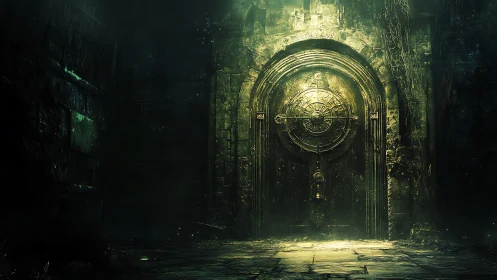 Ancient circular-locked metal door in dark stone vault.