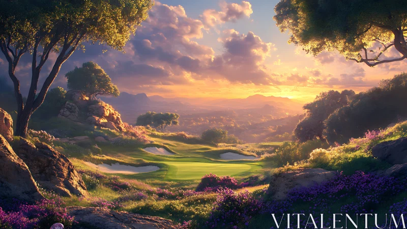 Sunlit fantasy golf green cradled in glowing wild hills.