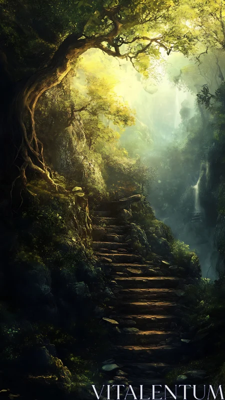 Golden-lit forest cavern with ancient stone steps descending into mist.