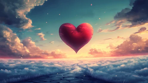 Crimson Heart Glows Above Clouds and Sky
