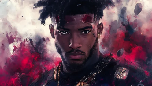 Intense warrior portrait framed by abstract crimson storm.