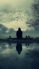 Solitary dreamer watches crows swirl above misty water&rsquo;s mirror.