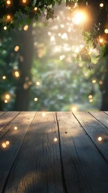 Wooden surface with bokeh lights and foliage backdrop.