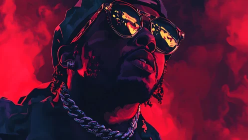 Neon-lit rapper portrait glows through crimson smoke haze.