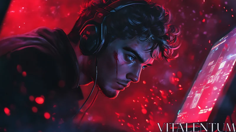 Intense gamer at red-lit monitor with cinematic digital effects
