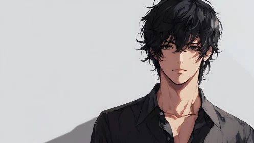 Anime portrait of brooding young man in minimalist frame.