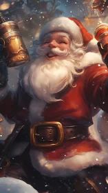 Merry reveler in red coat toasting winter’s sparkling night.