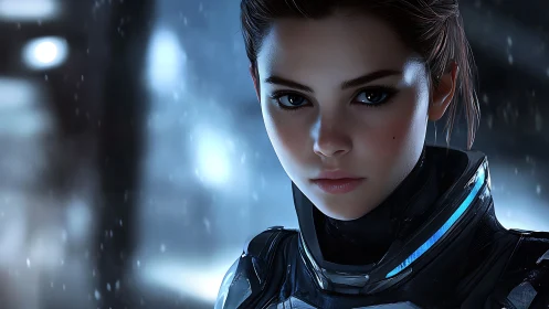 Calm young space guardian under falling night starlight.