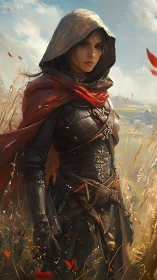 Hooded rogue in leather armor stands in windswept field