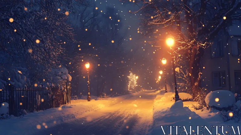 Snowy night street with glowing lamps and falling snow.