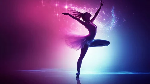 Silhouetted ballerina leaps through neon bokeh gradients and light