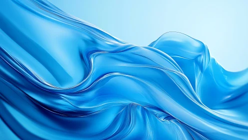 Glossy blue fluid waves forming abstract flowing landscape.