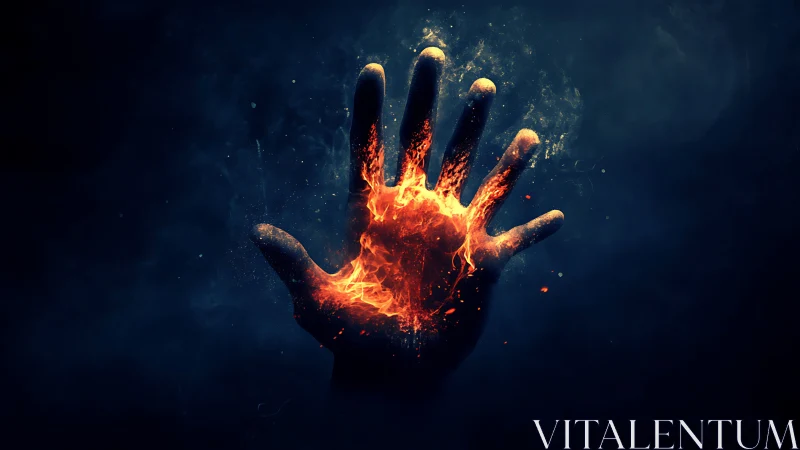 Burning hand erupts with fire against dark void.
