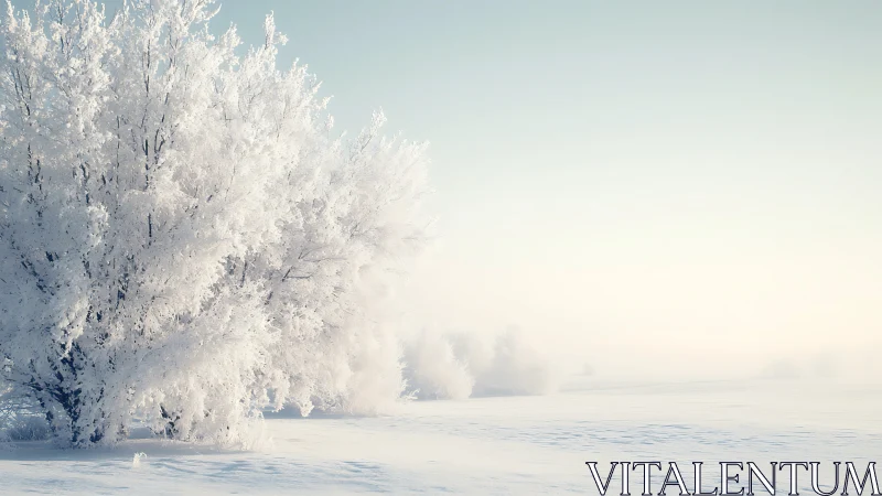 Frost covered trees in a calm open winter landscape.