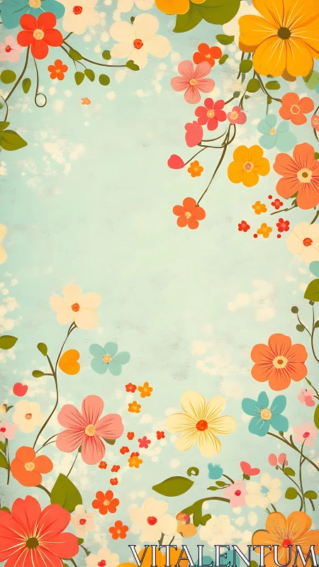 Whimsical Garden Reverie: Vintage Blooms Dance Across Soft Sky.