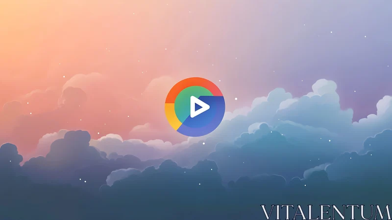 Chromatic play icon hovering above volumetric cloudscape.
