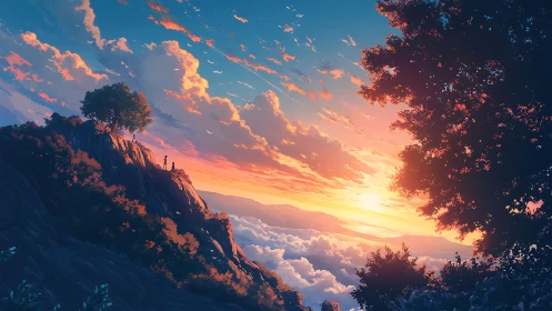 Sunset sky over cliffside viewpoint above clouds.