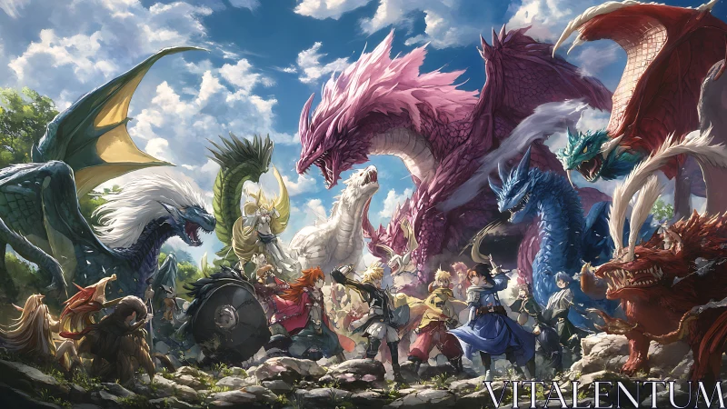Fantasy warriors confront dragons in bright open landscape.