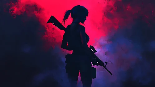 Fearless warrior in neon mist, standing strong and calm.