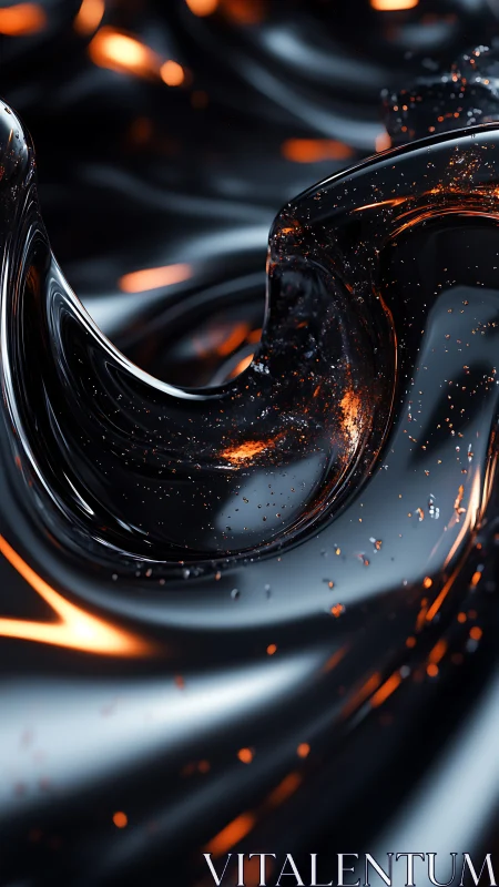 Molten black liquid waves with glowing orange sparks.