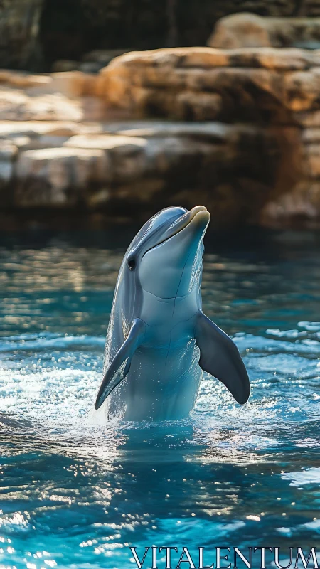 Bottlenose dolphin performs vertical spyhop in controlled blue pool
