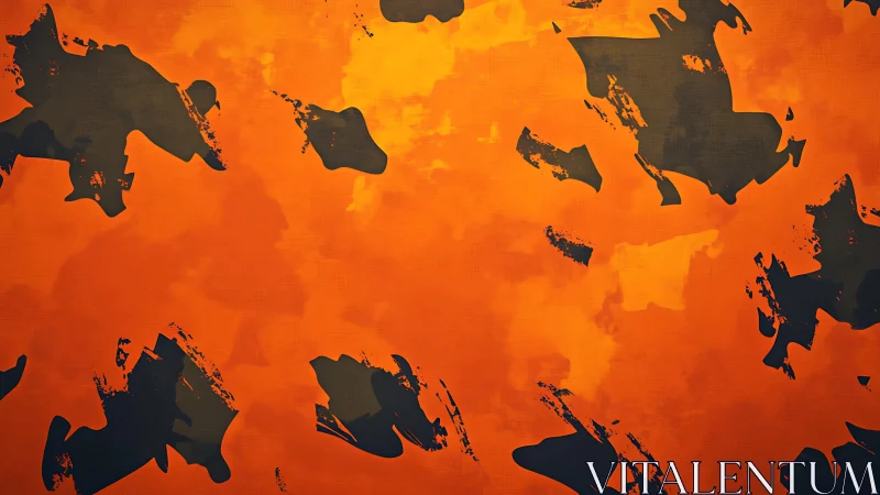 Abstract orange camouflage pattern with bold black brushstrokes.
