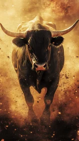 Charging bull erupts through swirling golden dust and sparks.