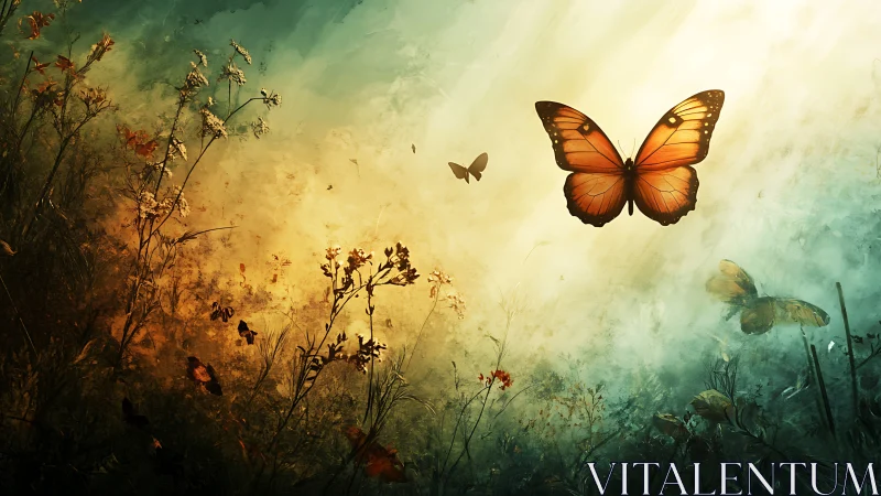 Butterflies over wild vegetation in diffuse gradient light.