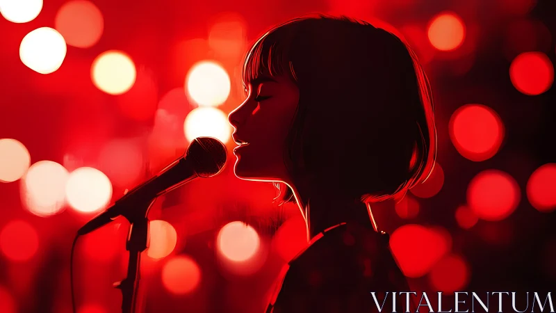 Silhouetted vocalist in red bokeh stage light environment