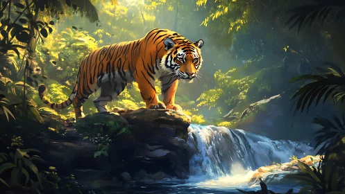 Tiger dominates sunlit jungle waterfall in vivid detail.