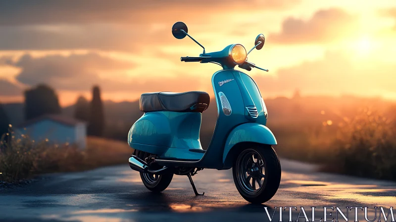 Blue retro scooter stands on wet rural road at sunset