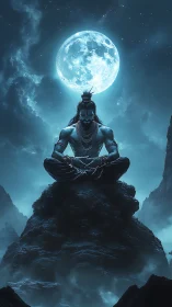 Mystic warrior meditates beneath luminous full moon.