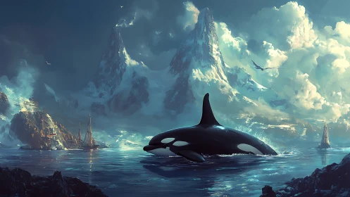 Orca surfacing in glacial fjord with towering icy spires