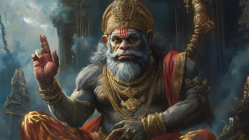 Mythic simian deity in ornate armor amid stone ruins.