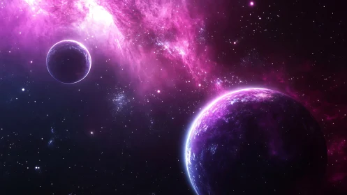 Twin violet planets orbit within luminous cosmic nebula