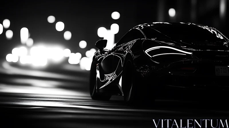 Black sports car on city street at night in profile view.