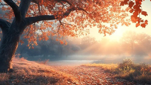 Autumn oak glows over misty riverside at sunrise.