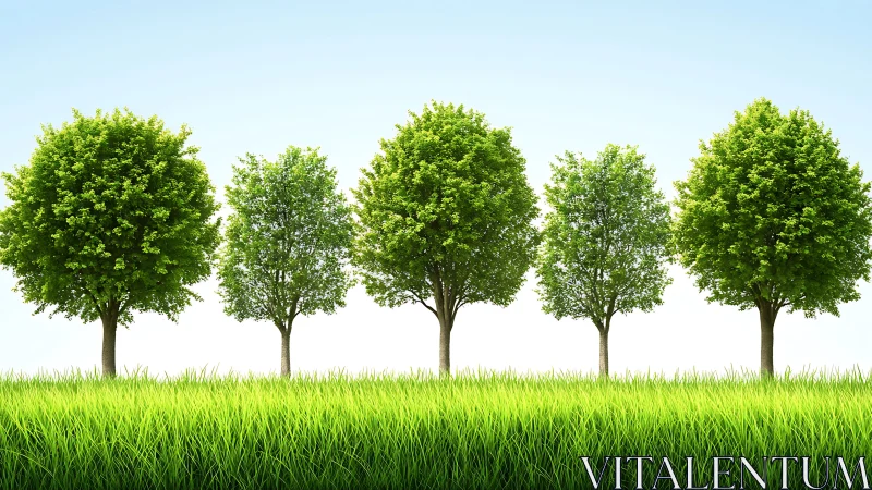 Aligned deciduous trees in linear perspective with uniform lighting