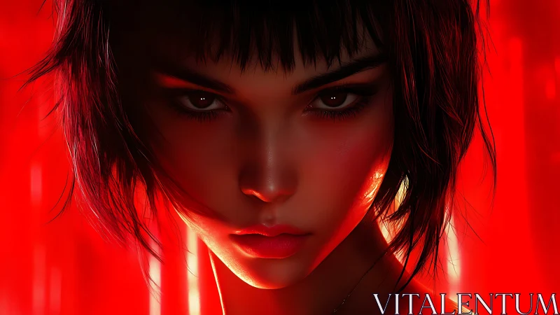 Smoldering portrait shares bold gaze in vivid red light
