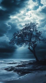 Solitary coastal tree under dramatic moonlit storm sky.