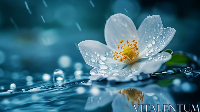 White Flower with Dewdrops in Rain: Macro Photography.