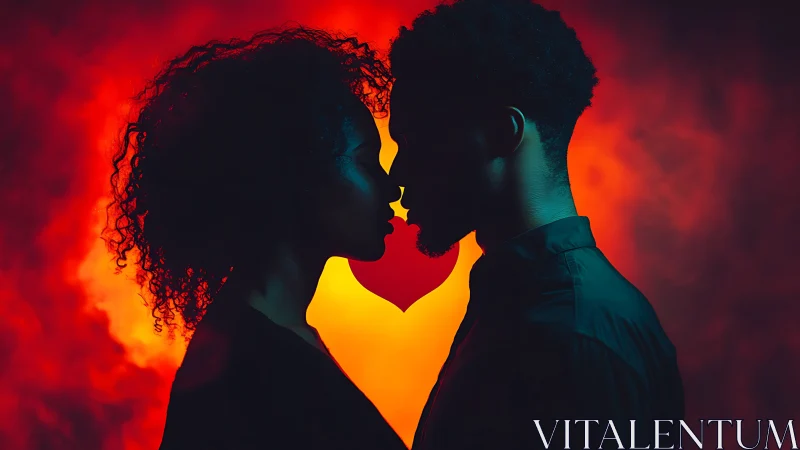 Silhouetted Couple Embrace with Luminous Heart Geometry.
